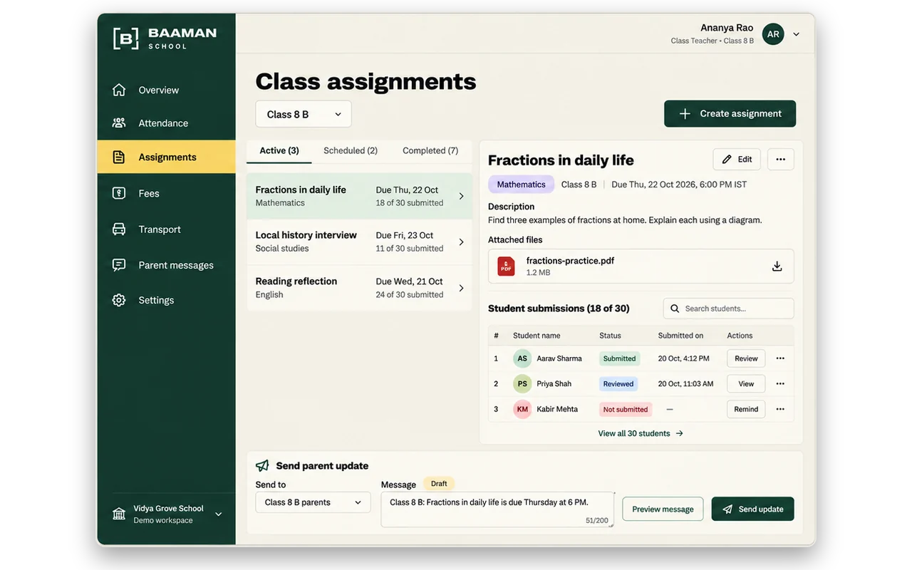 Class assignments on desktop: active work, student submissions and a parent update