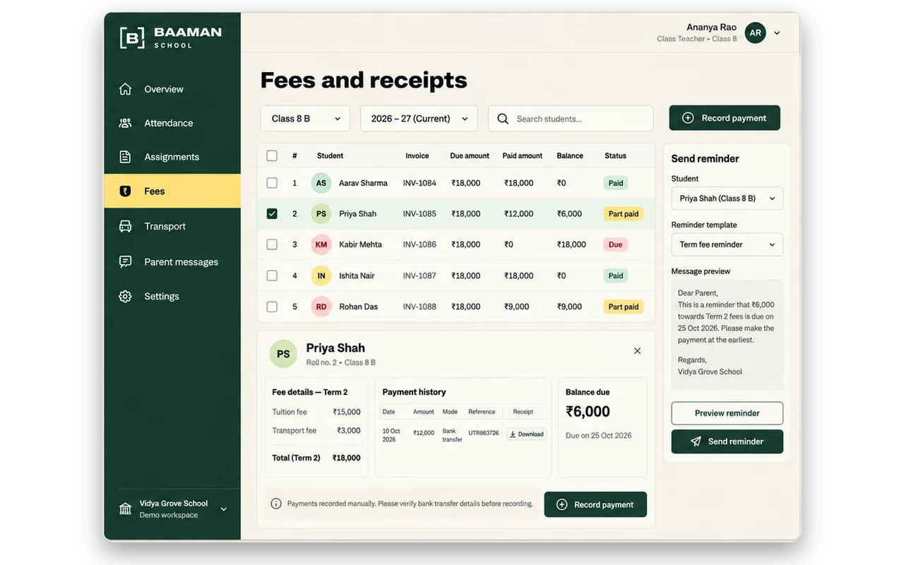 Fees and receipts on desktop: invoices by student, part payments and a fee reminder to parents