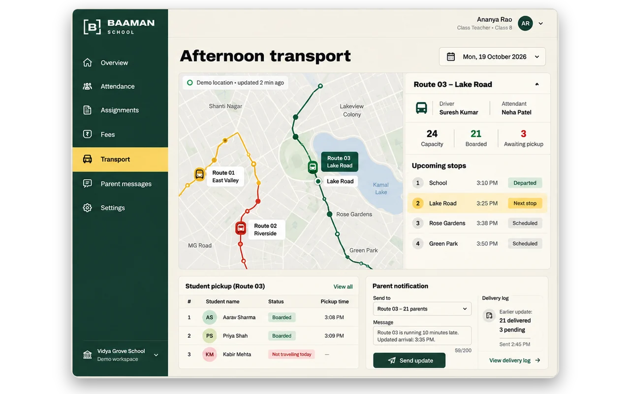 Afternoon transport on desktop: live bus route map, upcoming stops and student pickup list