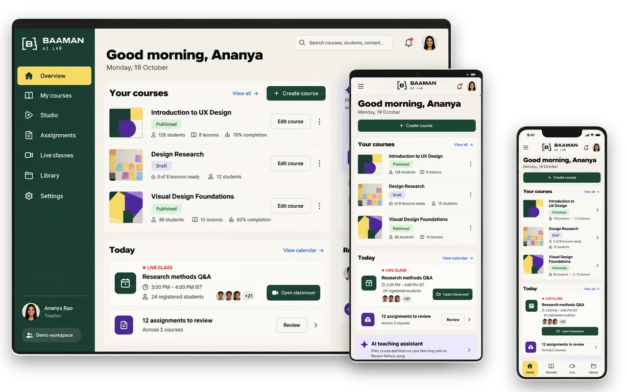 Teacher dashboard on desktop, tablet and phone: courses, today's live class and assignments to review