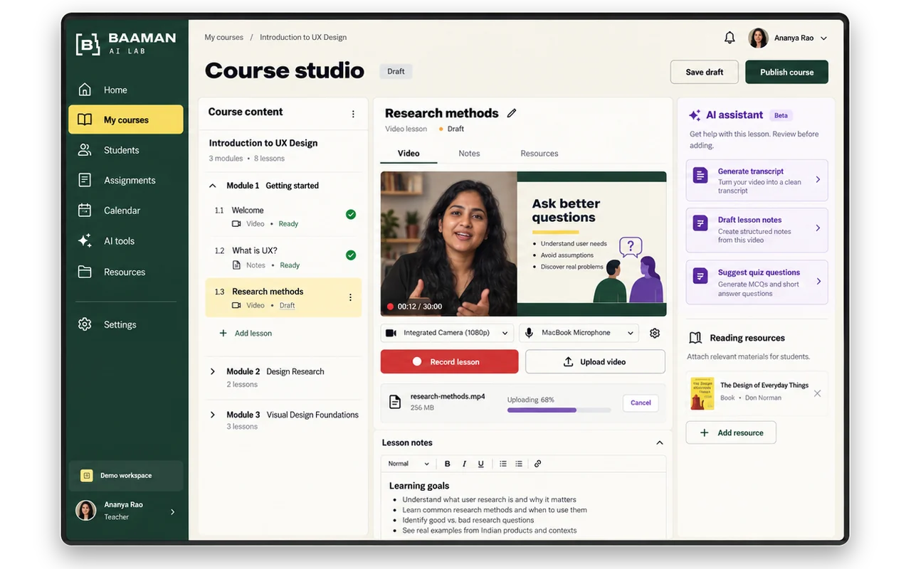 Course studio on desktop: recording a video lesson with AI help for transcripts, notes and quiz questions