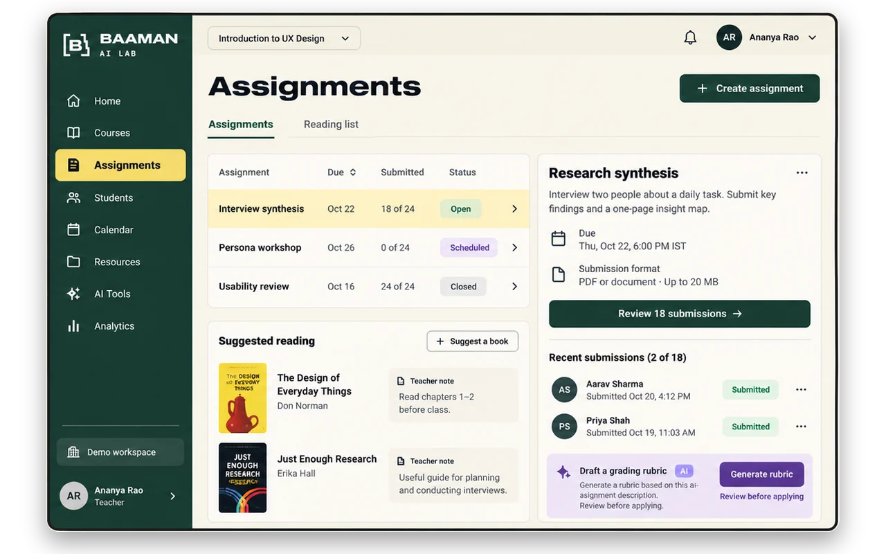 Assignments and reading list on desktop: submissions, suggested books and an AI grading rubric