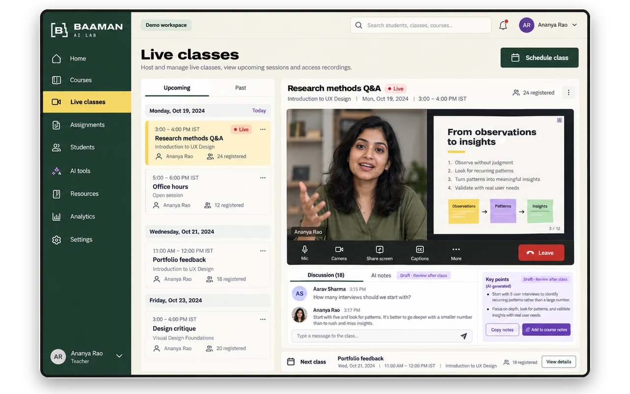 Live classes on desktop: a class in progress with discussion, plus the upcoming schedule