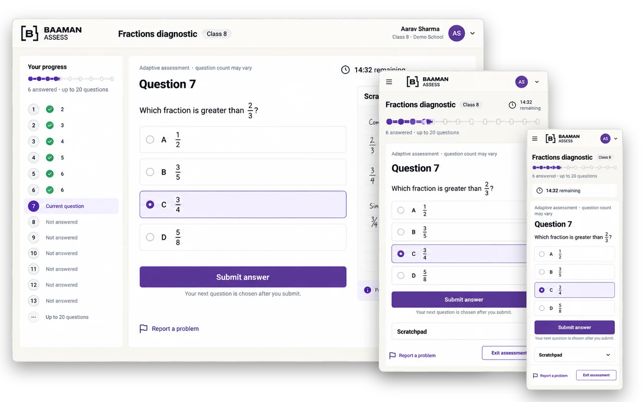 Adaptive fractions test on desktop, tablet and phone: question 7, progress so far and a scratchpad