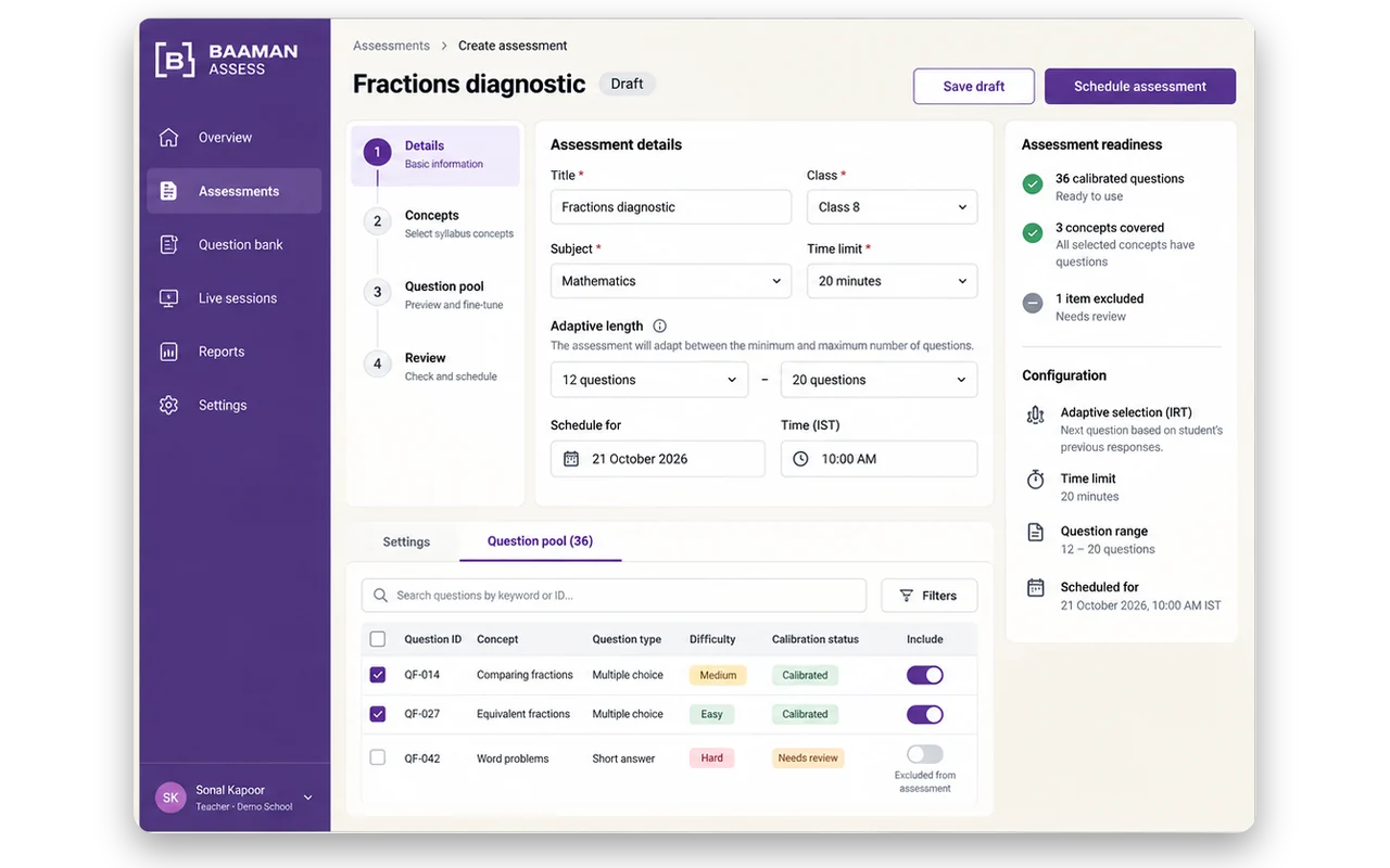 Assessment builder on desktop: test settings, adaptive rules and the question bank
