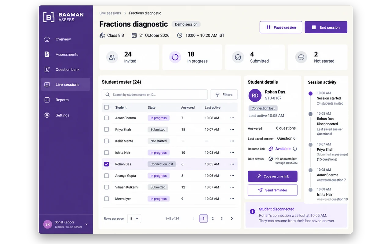 Live assessment monitoring on desktop: each student's progress while the test runs