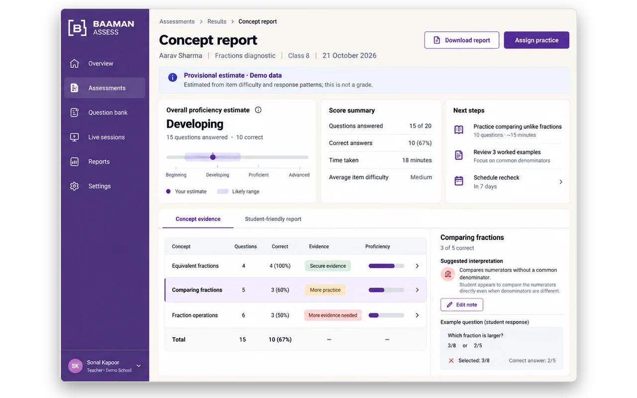 Concept report on desktop: a student's proficiency level and the concepts that need work