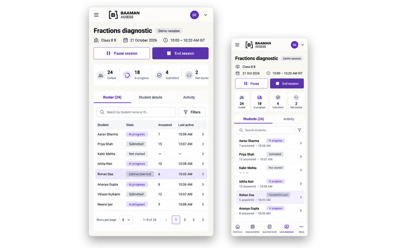 Live assessment monitoring on tablet and phone