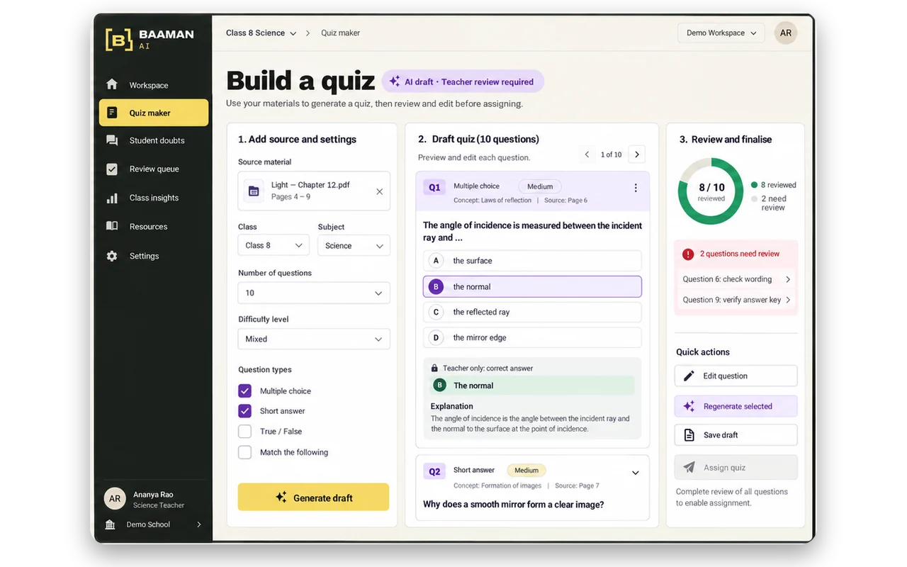Quiz generator on desktop: a teacher builds a quiz from a chapter and checks each question