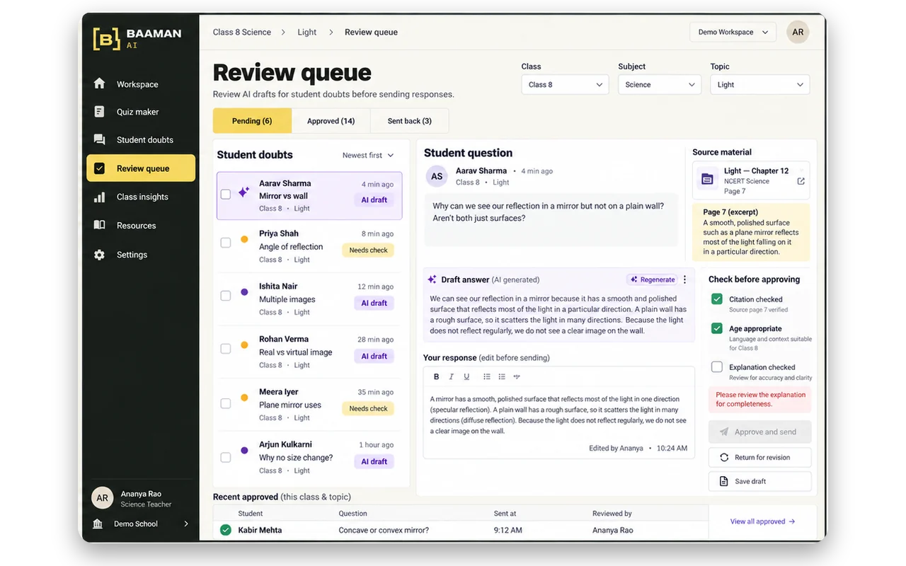 Teacher review queue on desktop: AI-drafted answers waiting for approval before students see them