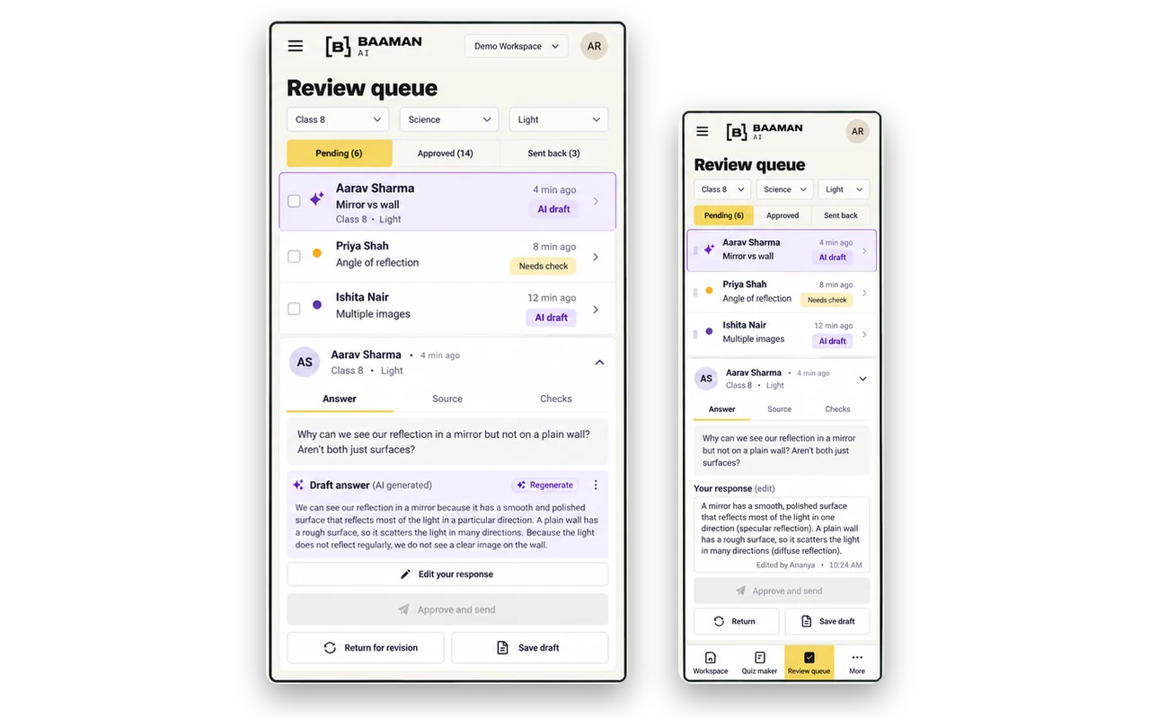 Teacher review queue on tablet and phone: approving an AI-drafted answer on the go