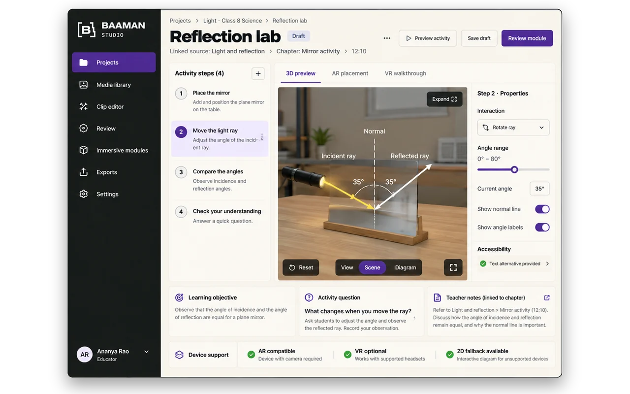 AR and VR module builder on desktop: a reflection-of-light activity with 3D preview